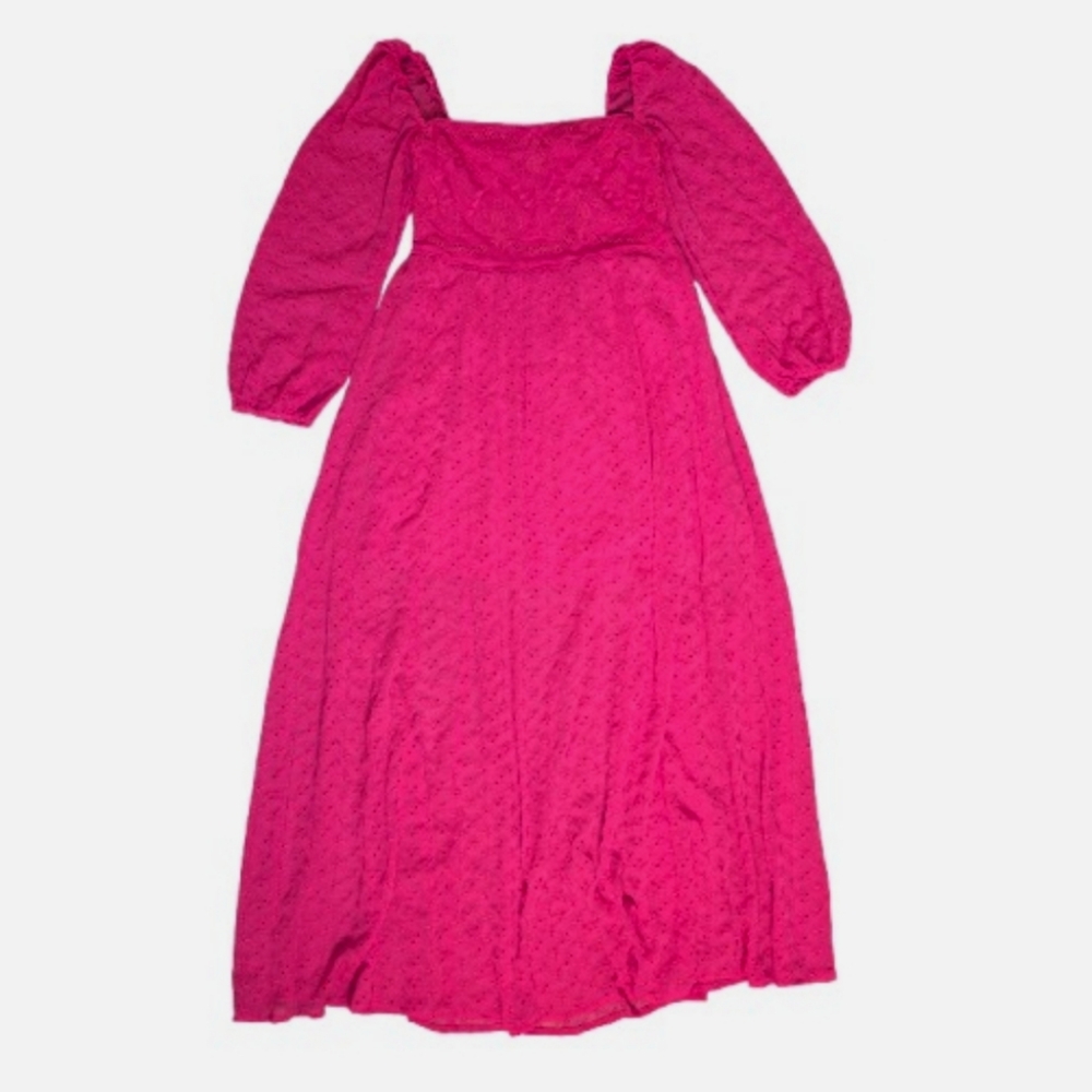 Free People Magenta Embroidered Maxi Dress with Long Bishop Sleeves Ruch…